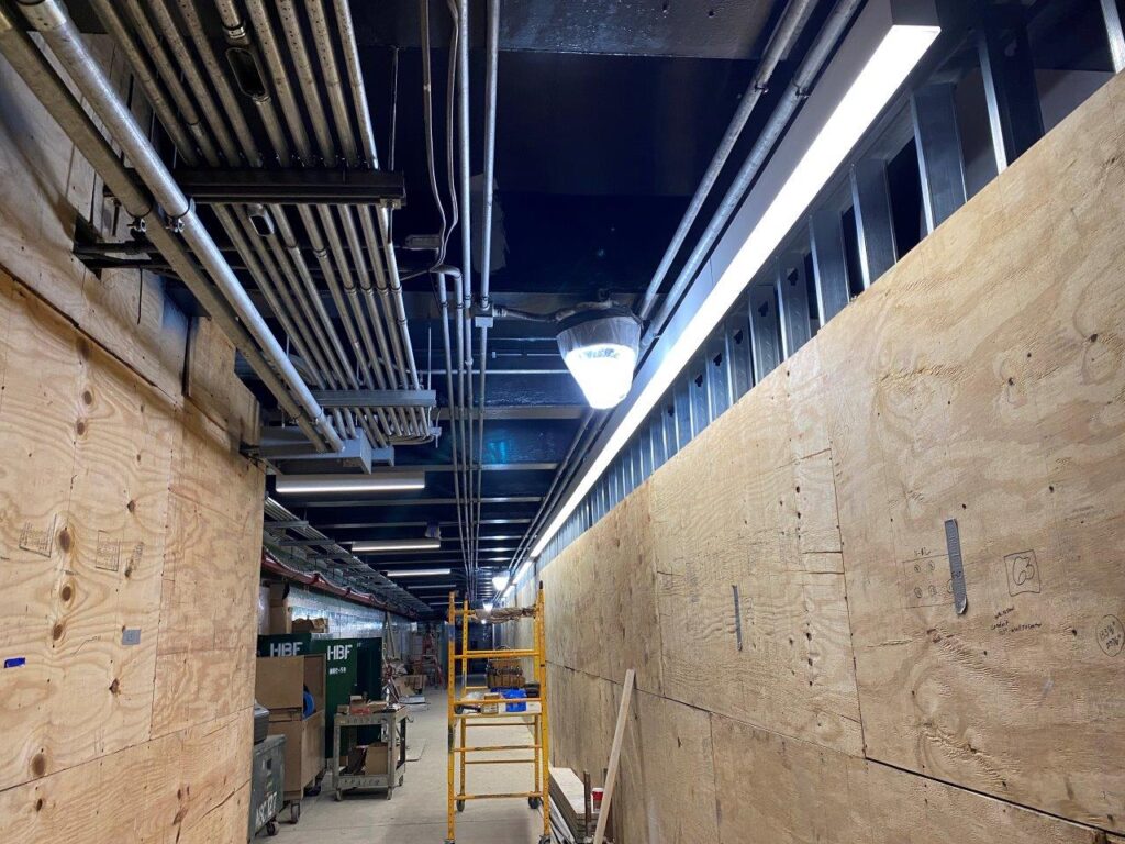 LED light fixtures continue to be installed along the Track 2 Platform.