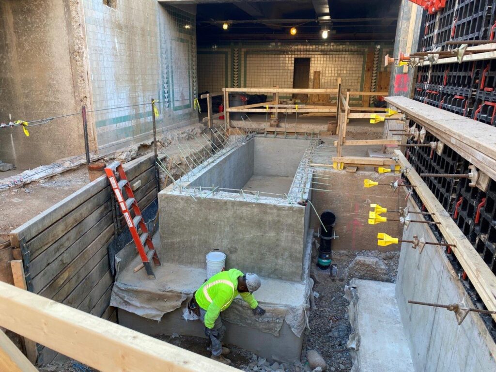 Waterproofing has been applied to the exterior faces of the Elevator and Escalator foundations and pit walls.
