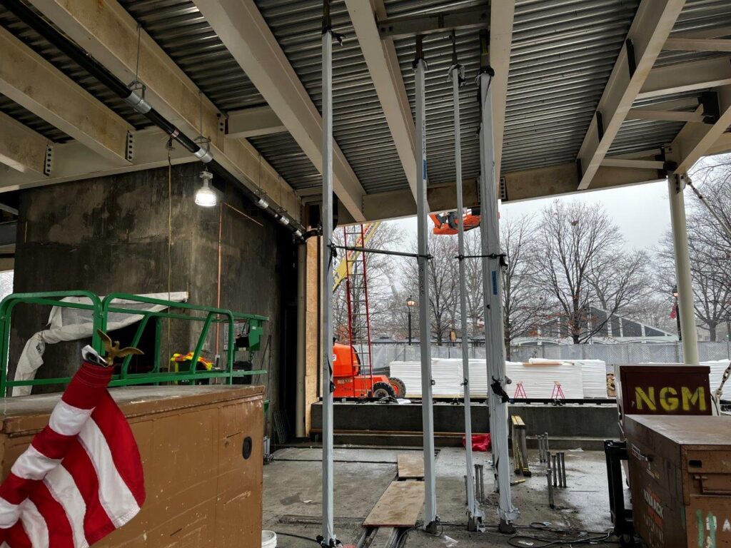 Steel framing has been installed in the Entrance Headhouse for the new fare line glass wall separating the unpaid and paid areas.