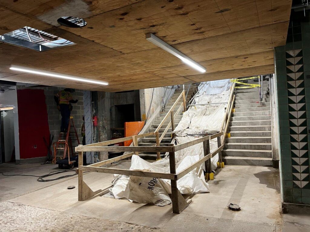 Plywood sheathing installation is now complete at the base of the Entrance Staircase.