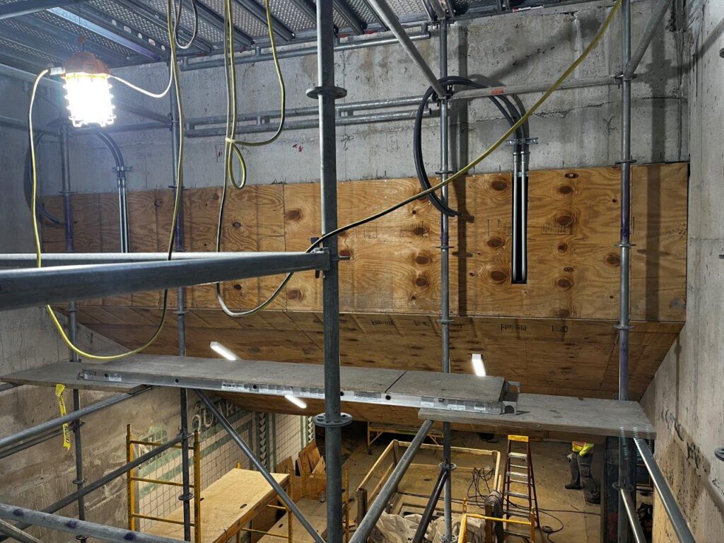 Plywood sheathing installation is now complete at the base of the Entrance Staircase.