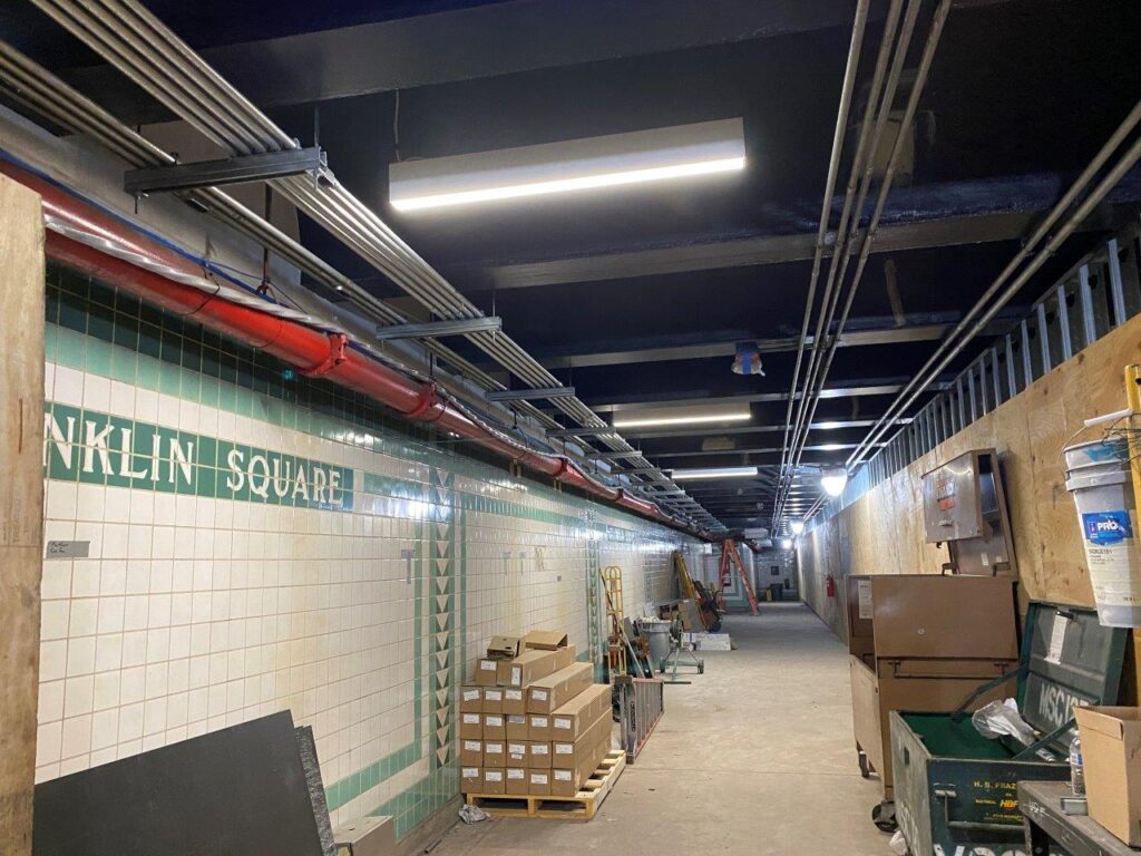 Interior LED light fixtures have begun to be installed along the Track 2 Platform.
