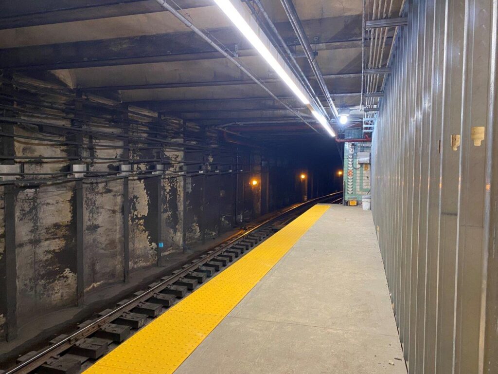 LED light fixtures continue to be installed along the Track 2 Platform.