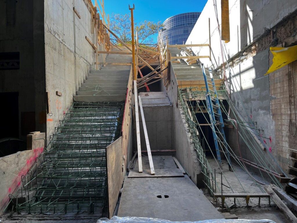 Rebar and formwork for both staircases continues to be installed.