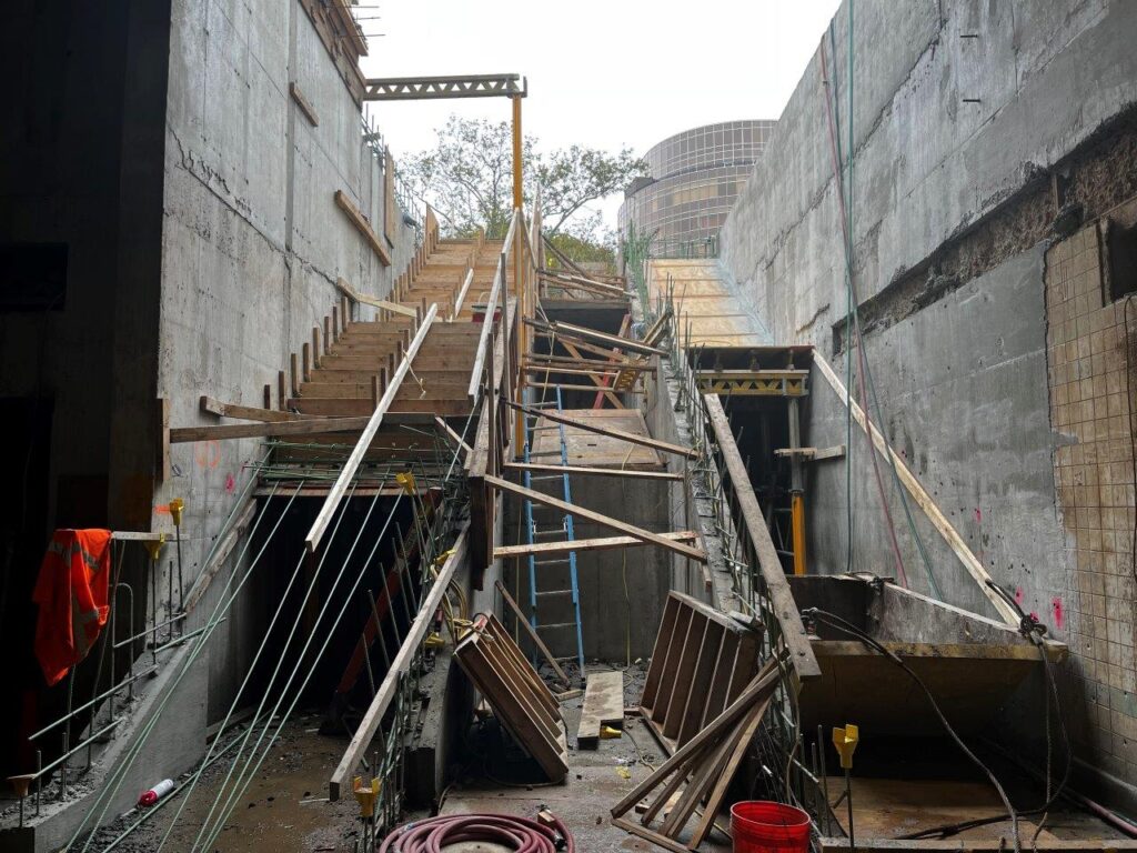 Formwork and reinforcing steel installation for the south side staircase has commenced.