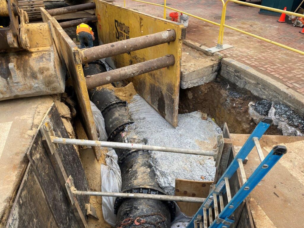 The 36” relocated water main has been connected to the existing 36” water main at the intersection of 7th and Race Streets.