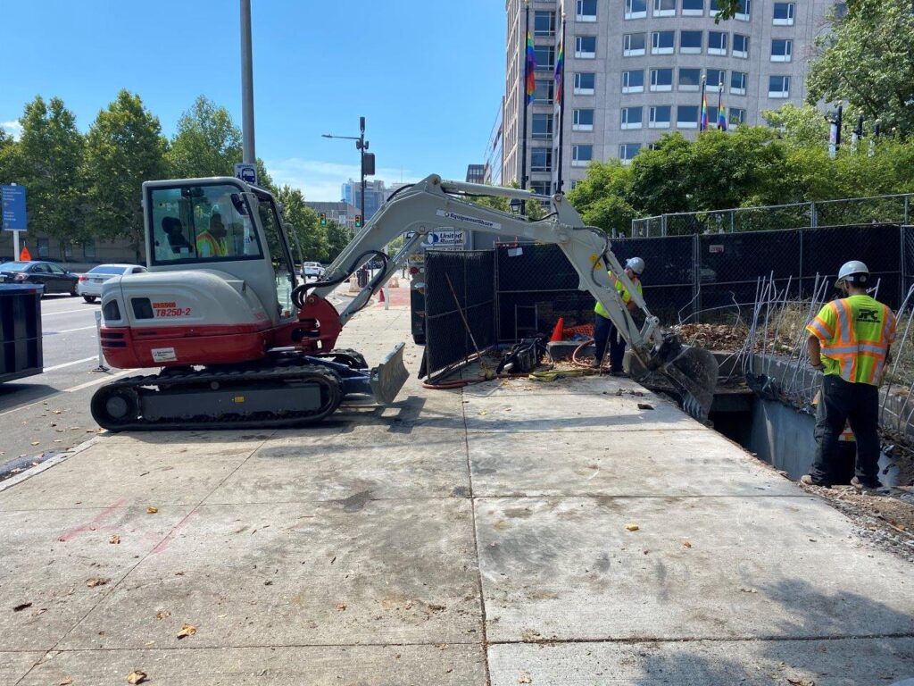 Demolition of concrete caps over the existing Track 1 and 2 emergency exits at the west sidewalk of 6th Street is now complete.