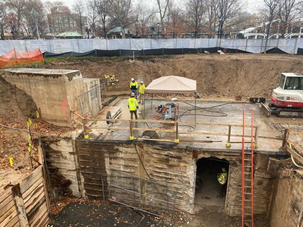 A portion of the existing Concourse roof has been saw cut and demolished, in preparation for the installation of the future elevator, escalator, and staircases.