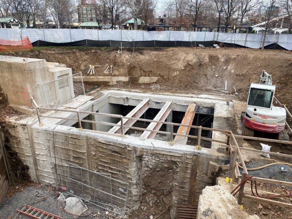 A portion of the existing Concourse roof has been saw cut and demolished, in preparation for the installation of the future elevator, escalator, and staircases.
